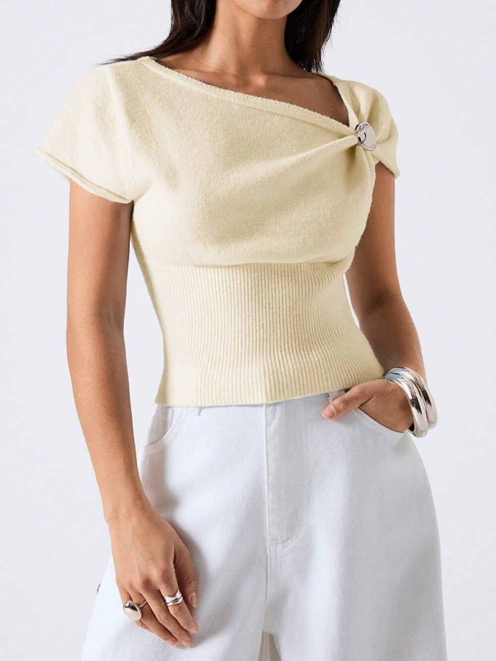 Beige Casual Women's Asymmetric Collar Fitted Knit Top